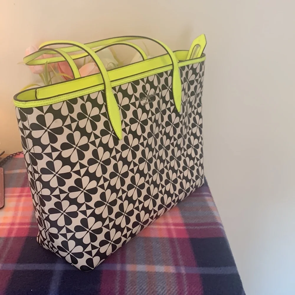 kate spade Black and White Floral Tote with Neon Yellow Trim